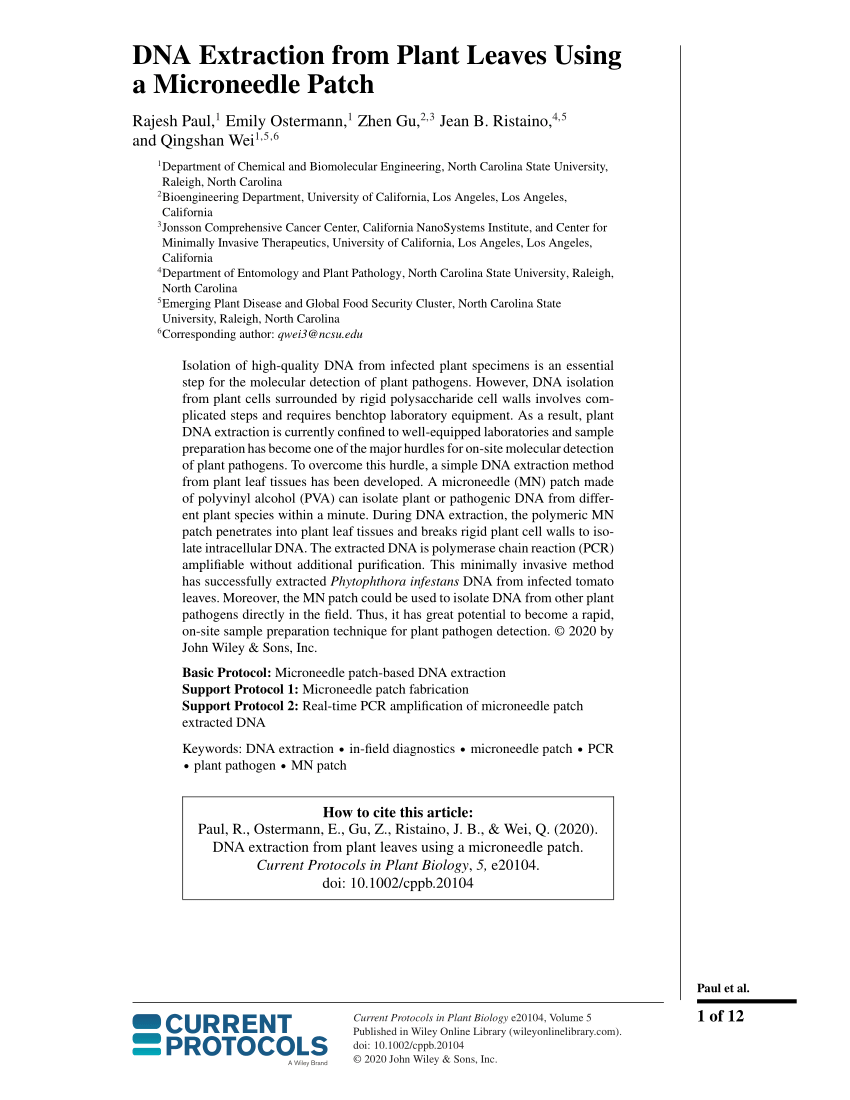 Pdf Dna Extraction From Plant Leaves Using A Microneedle Patch