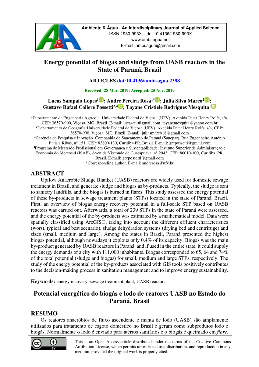 Pdf Energy Potential Of Biogas And Sludge From Uasb Reactors In The State Of Parana Brazil