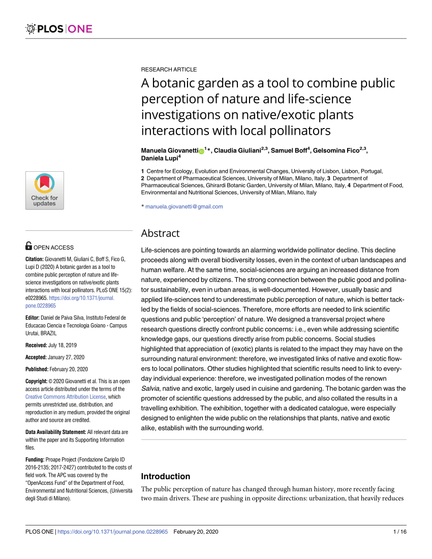 Pdf A Botanic Garden As A Tool To Combine Public Perception Of Nature And Life Science Investigations On Native Exotic Plants Interactions With Local Pollinators