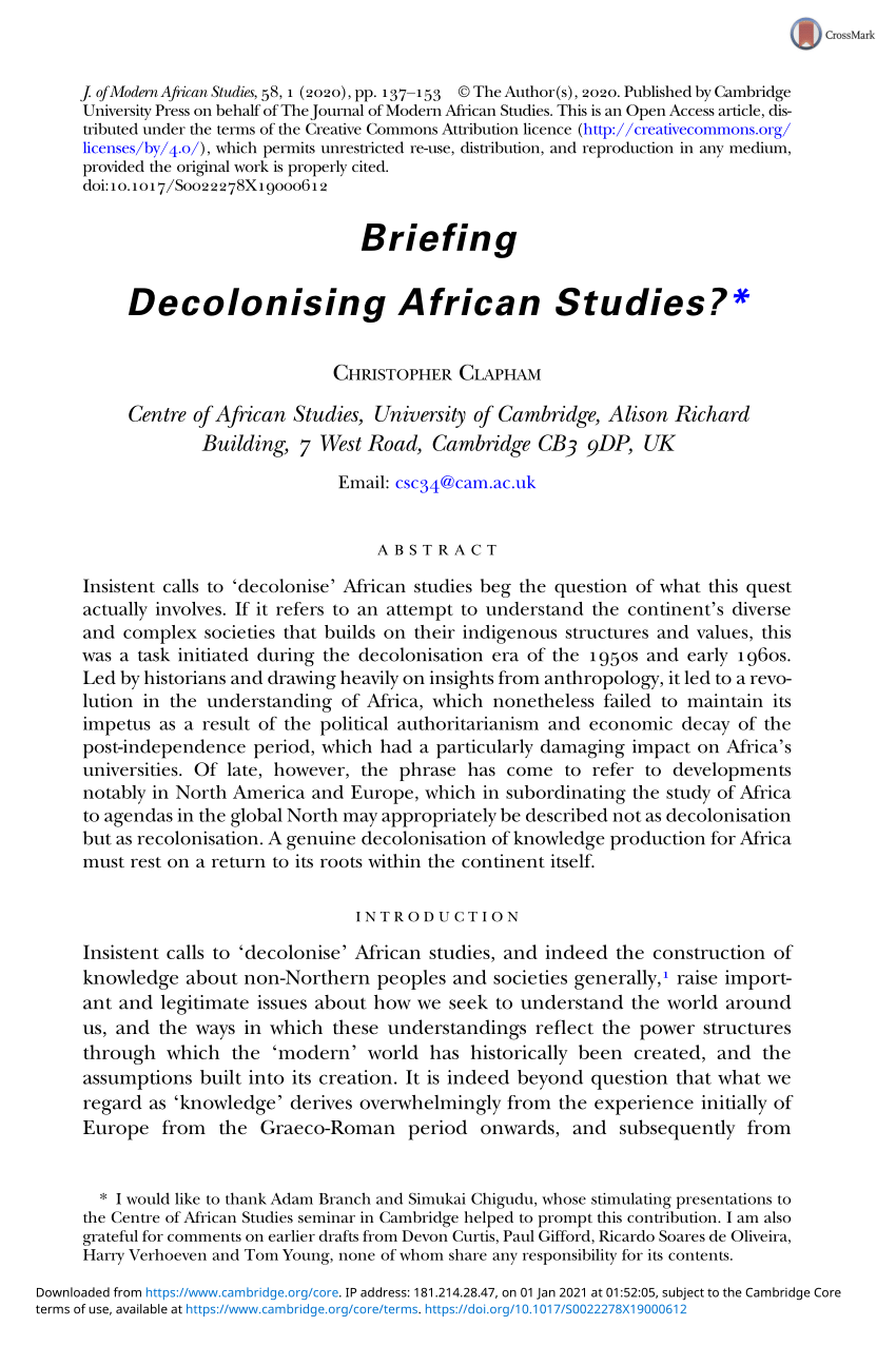 PDF) Decolonising African Studies?