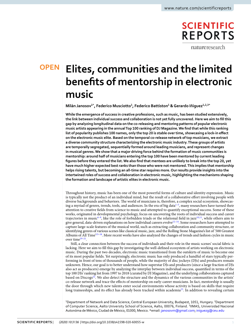 Elites, communities and limited benefits of mentorship in electronic music