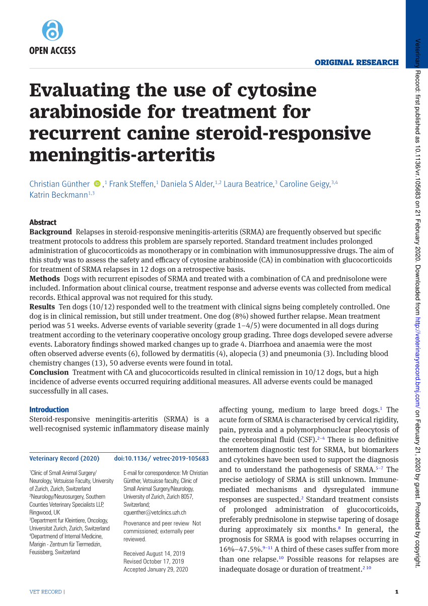 Evaluating the use of cytosine arabinoside for treatment for recurrent canine steroid-responsive meningitis-arteritis
