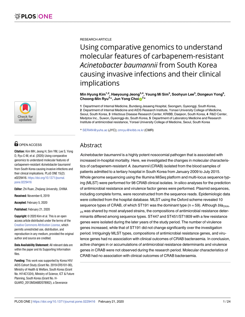 Pdf Using Comparative Genomics To Understand Molecular Features Of Carbapenem Resistant Acinetobacter Baumannii From South Korea Causing Invasive Infections And Their Clinical Implications