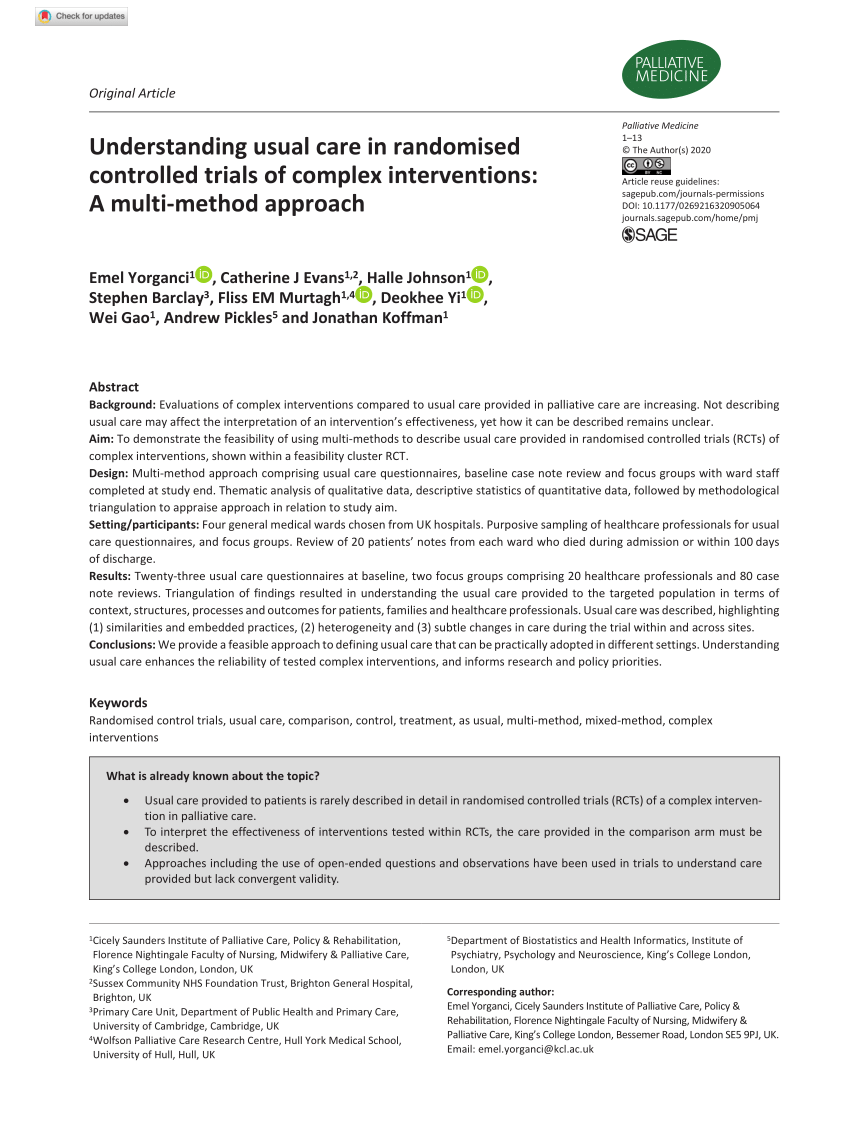 Pdf Understanding Usual Care In Randomised Controlled Trials Of Complex Interventions A Multi Method Approach