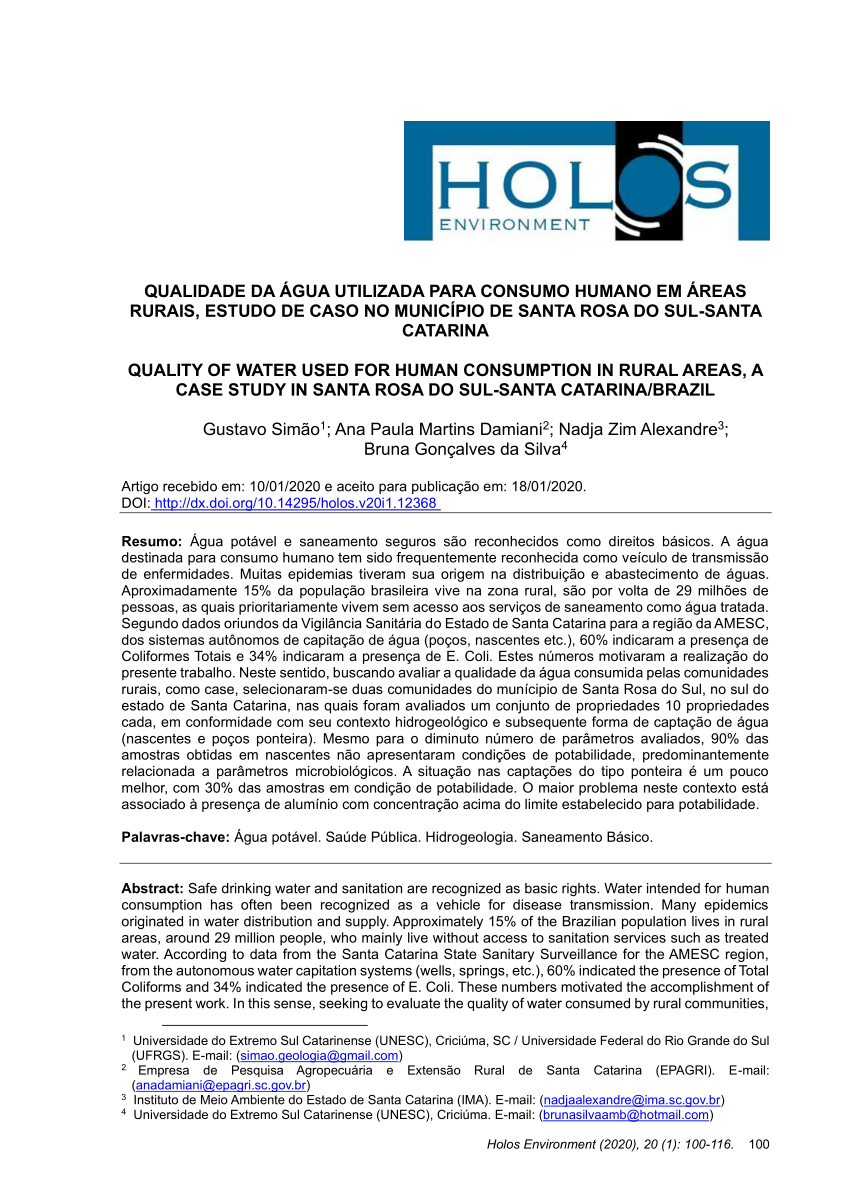 PDF) Qualidade da Água para Consumo Humano em Comunidades Rurais