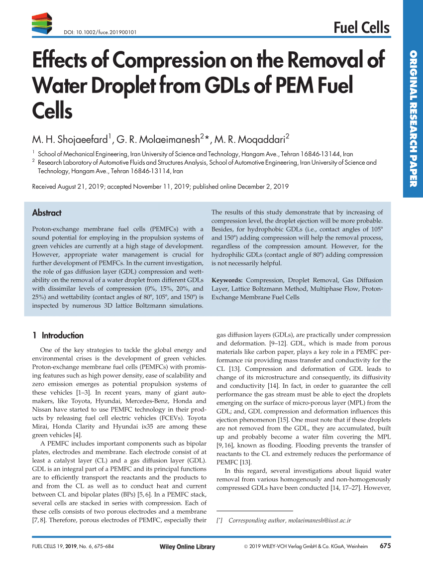 Pdf Effects Of Compression On The Removal Of Water Droplet From Gdls Of Pem Fuel Cells