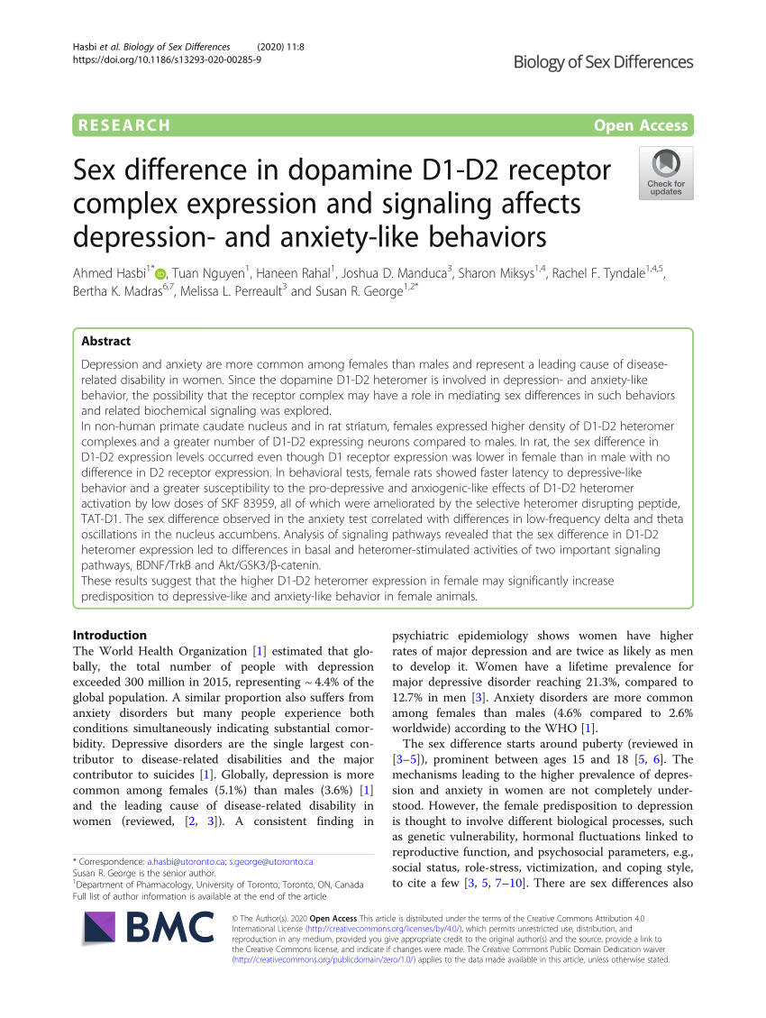 Pdf Sex Difference In Dopamine D1 D2 Receptor Complex Expression And Signaling Affects 4185