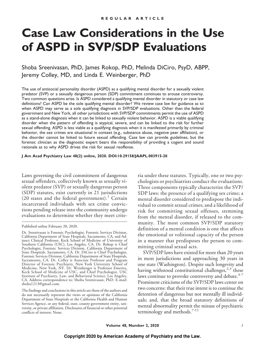 PDF) Case Law Considerations in the Use of ASPD in SVP/SDP Evaluations image