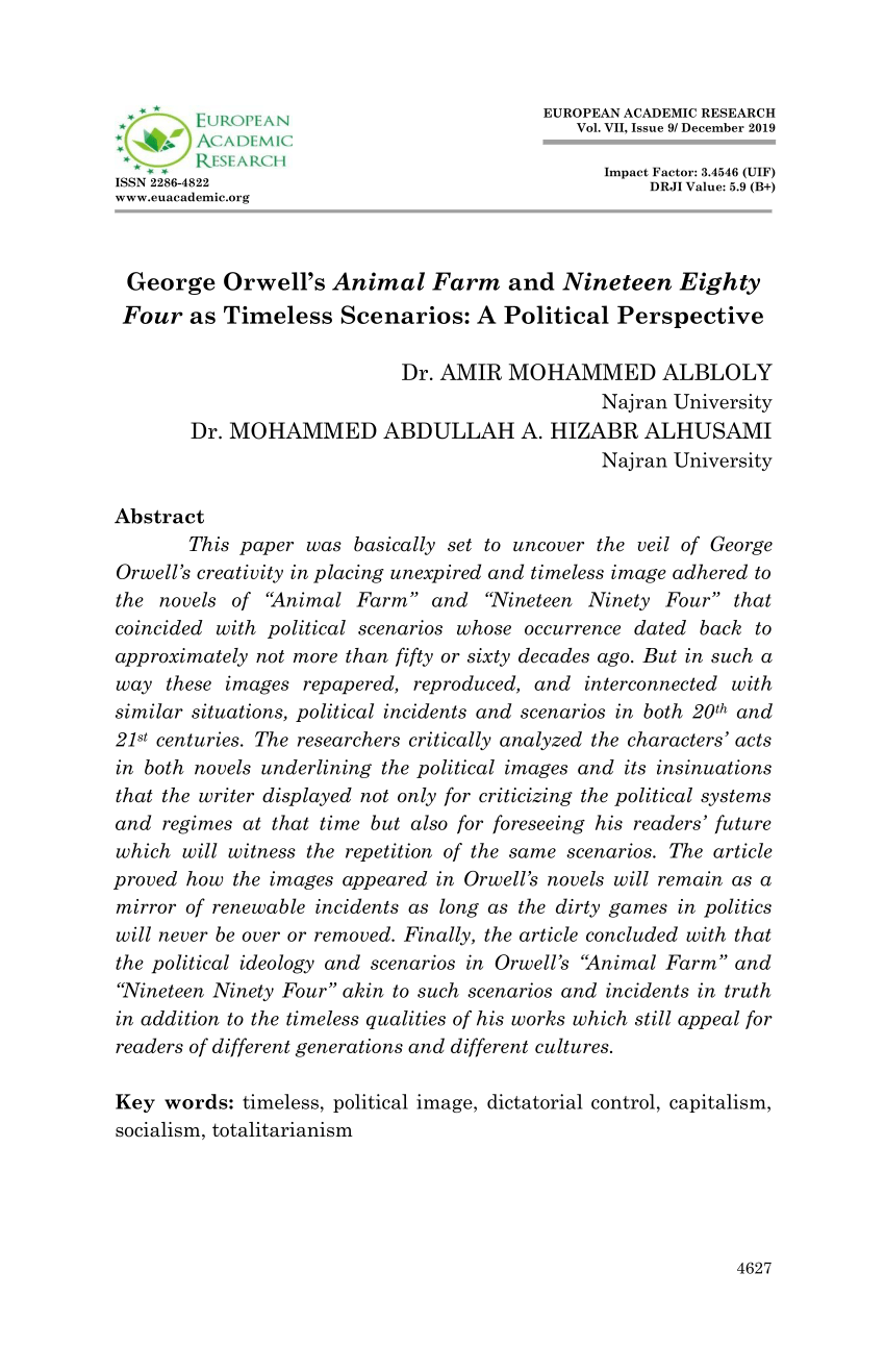 PDF) George Orwell's Animal Farm and Nineteen Eighty Four as Timeless  Scenarios: A Political Perspective