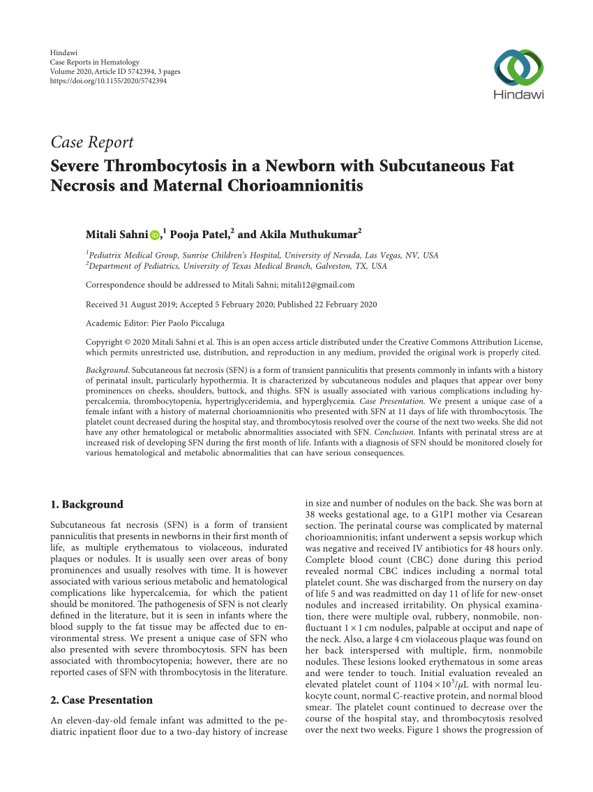 (PDF) Severe Thrombocytosis in a Newborn with Subcutaneous Fat Necrosis ...