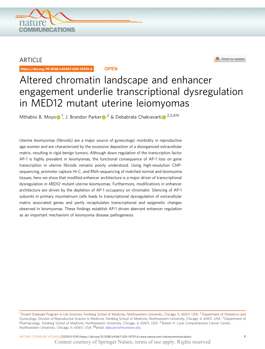 Pdf Altered Chromatin Landscape And Enhancer Engagement Underlie Transcriptional Dysregulation In Med12 Mutant Uterine Leiomyomas