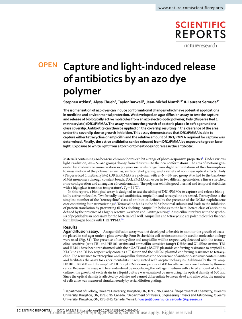 Pdf Capture And Light Induced Release Of Antibiotics By An Azo Dye Polymer