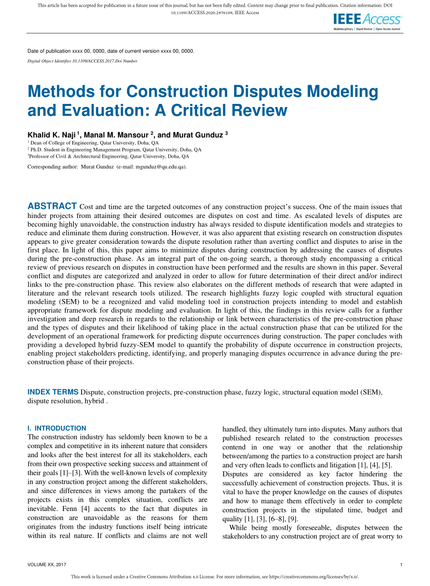 Pdf Methods For Construction Disputes Modeling And Evaluation A Critical Review