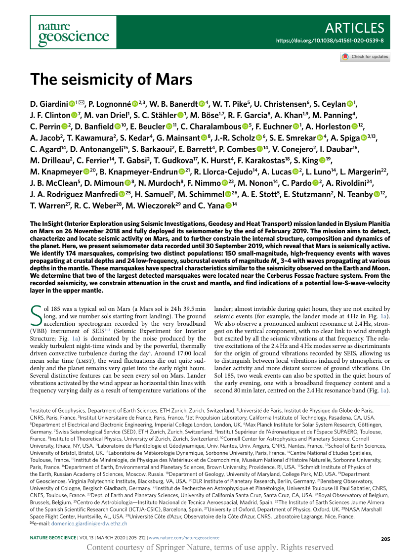 The Seismicity Of Mars Request Pdf