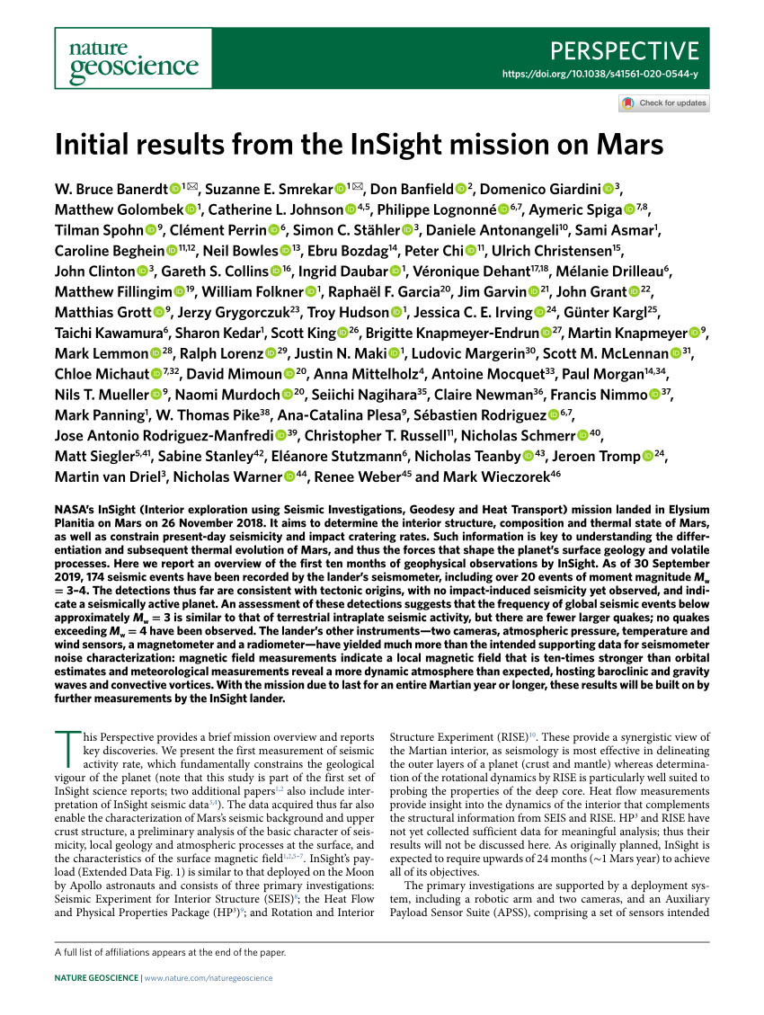 Pdf Initial Results From The Insight Mission On Mars