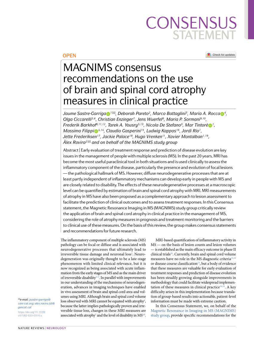 PDF) MAGNIMS consensus recommendations on the use of brain and spinal cord  atrophy measures in clinical practice