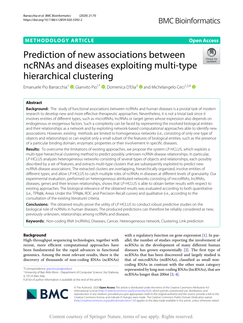 Pdf Prediction Of New Associations Between Ncrnas And Diseases Exploiting Multi Type Hierarchical Clustering