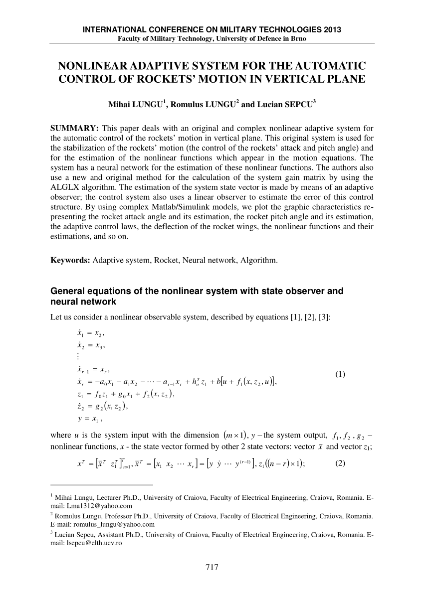 Pdf Nonlinear Adaptive System For The Automatic Control Of Rockets Motion In Vertical Plane