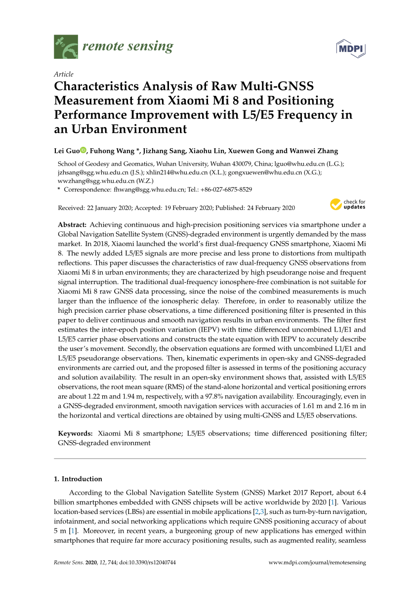 Pdf Characteristics Analysis Of Raw Multi Gnss Measurement From Xiaomi Mi 8 And Positioning Performance Improvement With L5 E5 Frequency In An Urban Environment