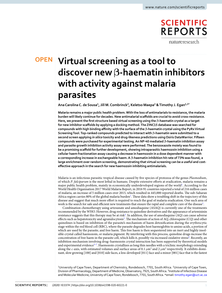 Pdf Virtual Screening As A Tool To Discover New B Haematin Inhibitors With Activity Against Malaria Parasites