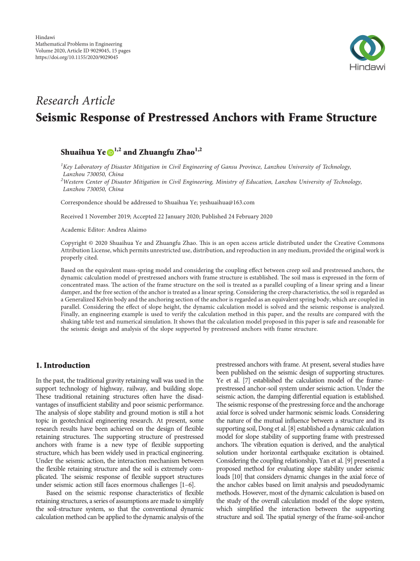 Pdf Seismic Response Of Prestressed Anchors With Frame Structure