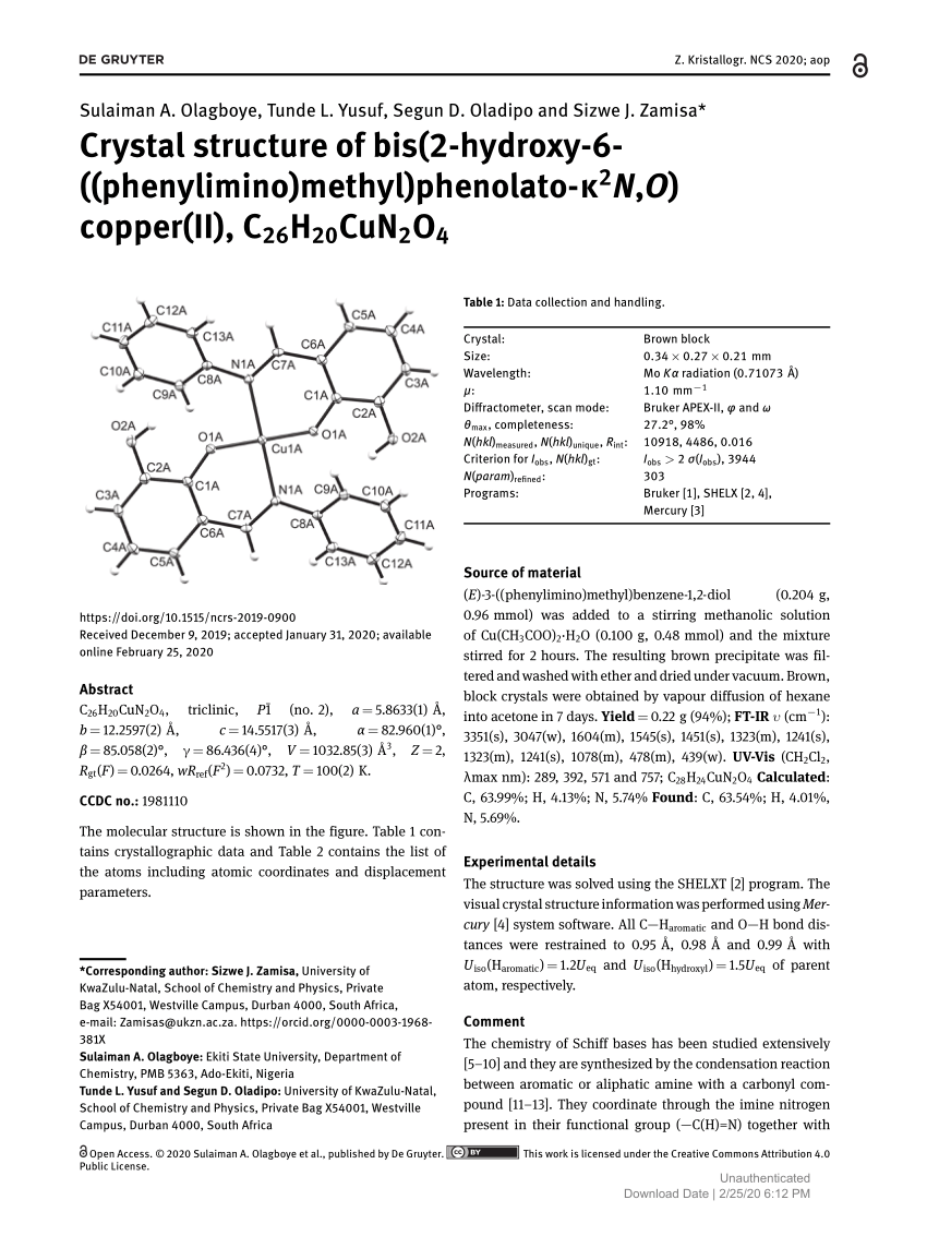 Pdf Crystal Structure Of Bis 2 Hydroxy 6 Phenylimino Methyl Phenolato K2n O Copper Ii C26hcun2o4
