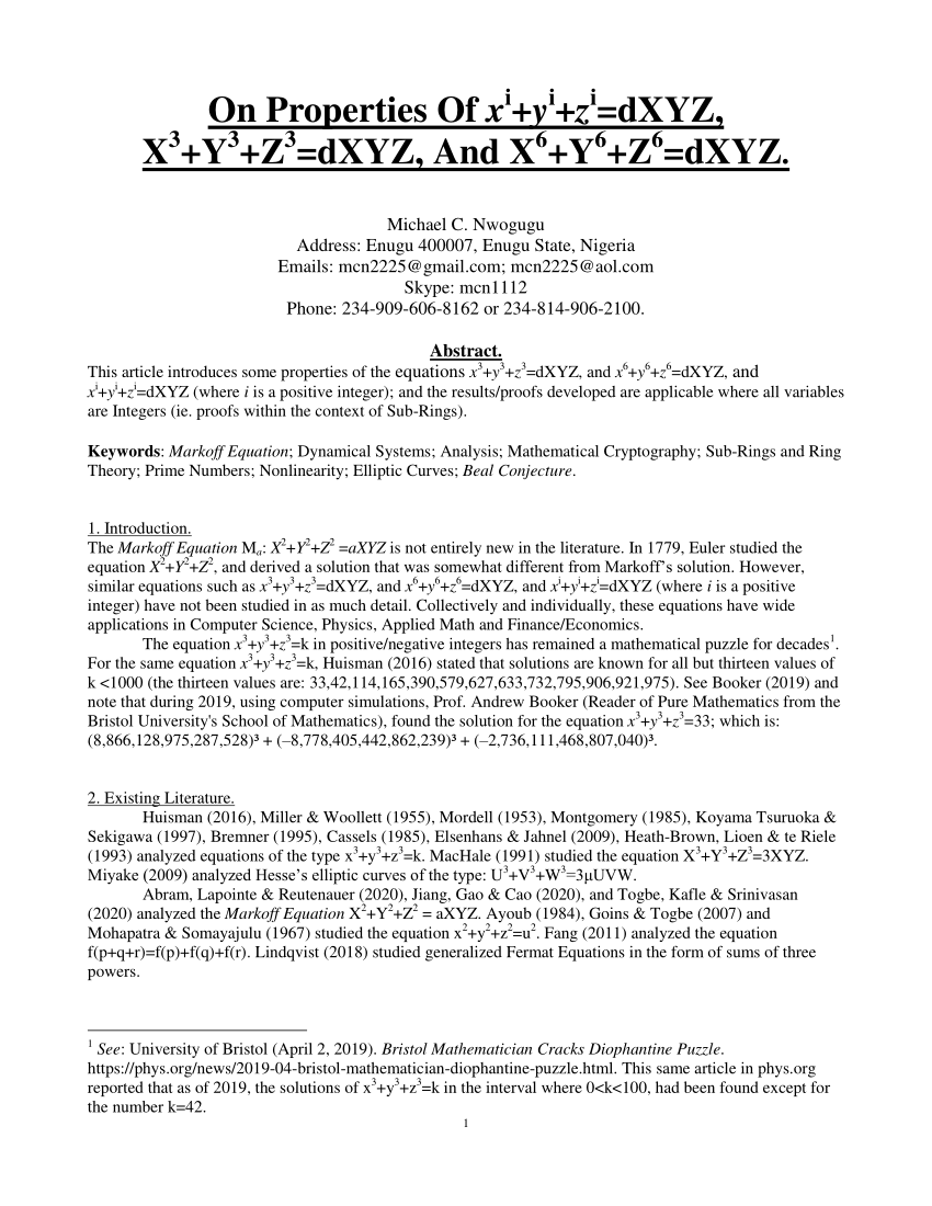 Pdf On Some Properties Of Xi Yi Zi Dxyz X3 Y3 Z3 Dxyz And X6 Y6 Z6 Dxyz And A Critique Of Solutions For The Markoff Equation X2 Y2 Z2 Axyz
