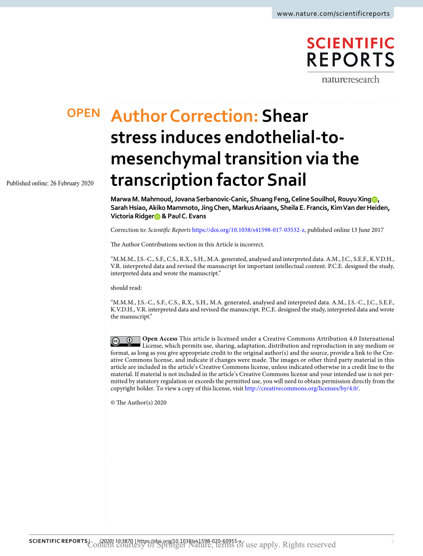 Pdf Author Correction Shear Stress Induces Endothelial To Mesenchymal Transition Via The Transcription Factor Snail