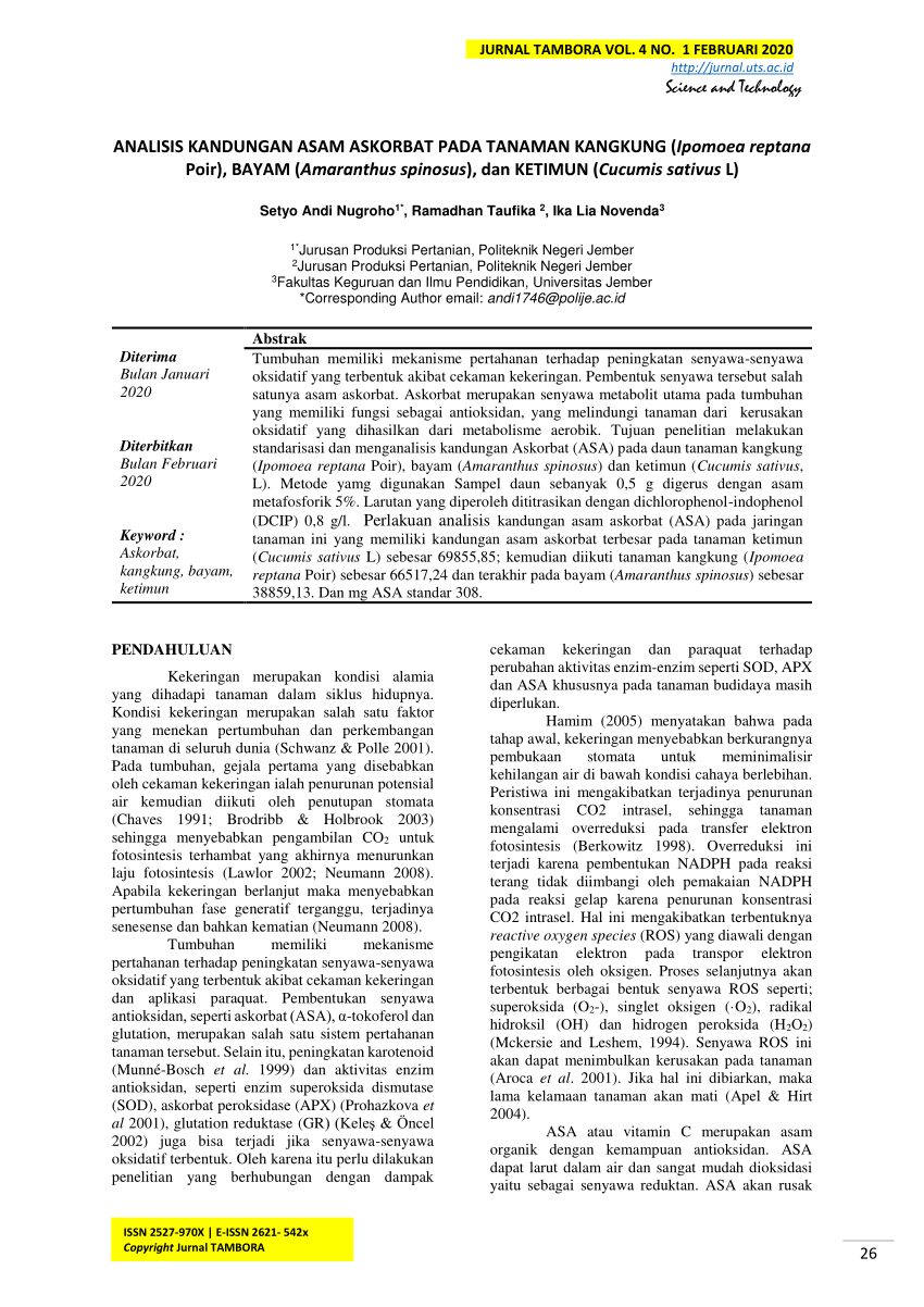 Pdf Analisis Kandungan Asam Askorbat Pada Tanaman Kangkung Ipomoea Reptana Poir Bayam 4773