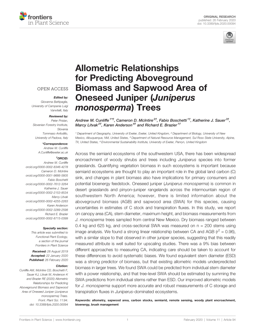 PDF) Allometric Relationships for Predicting Aboveground Biomass and  Sapwood Area of Oneseed Juniper (Juniperus monosperma) Trees