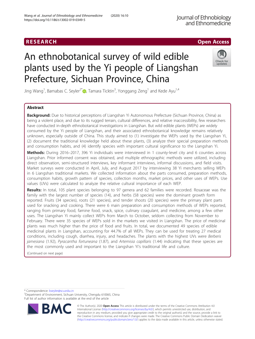 Pdf An Ethnobotanical Survey Of Wild Edible Plants Used By The Yi People Of Liangshan Prefecture Sichuan Province China