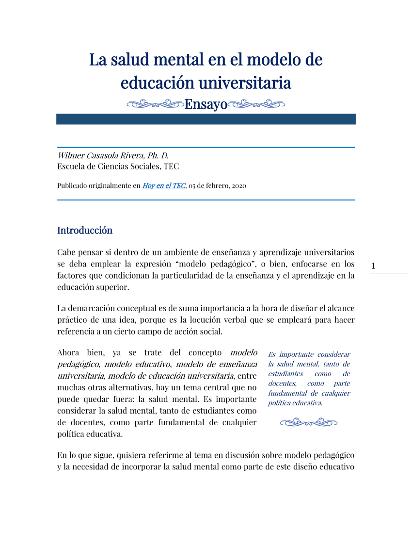 PDF) La salud mental en el modelo de educación universitaria