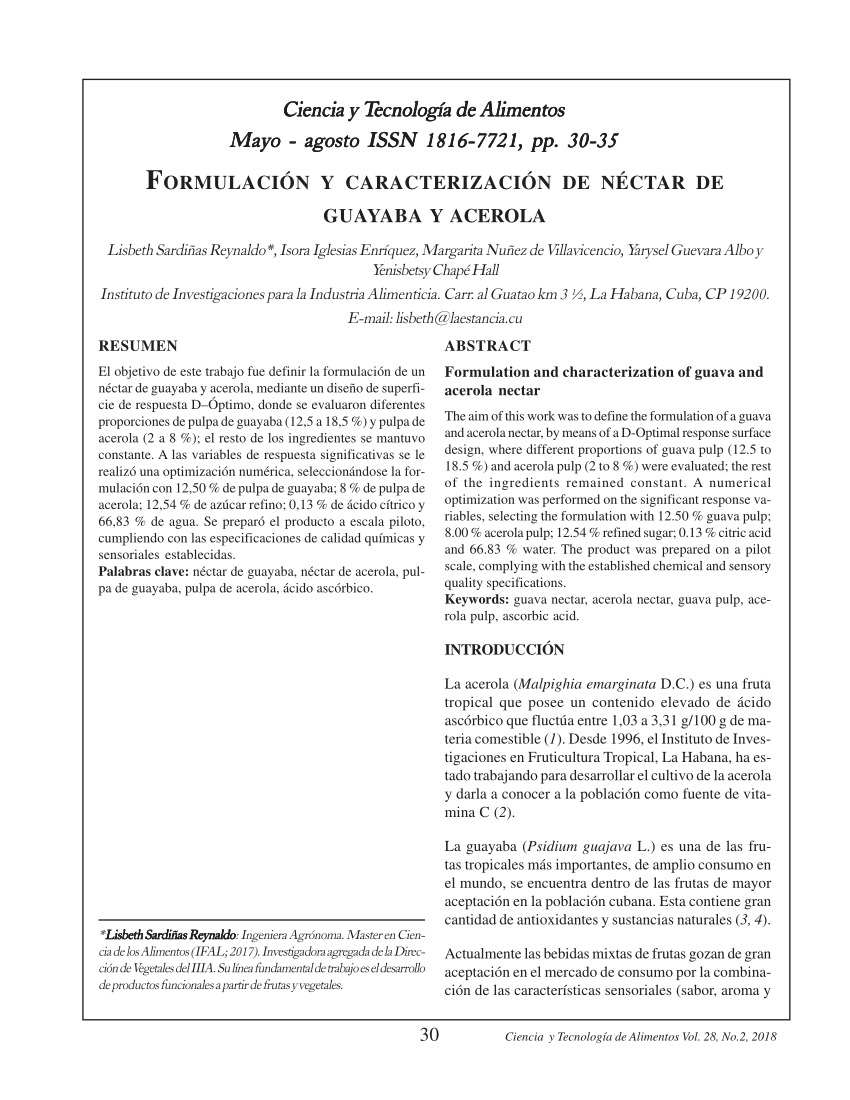 PDF) FORMULACIÓN Y CARACTERIZACIÓN DE NÉCTAR DE GUAYABA Y ACEROLA