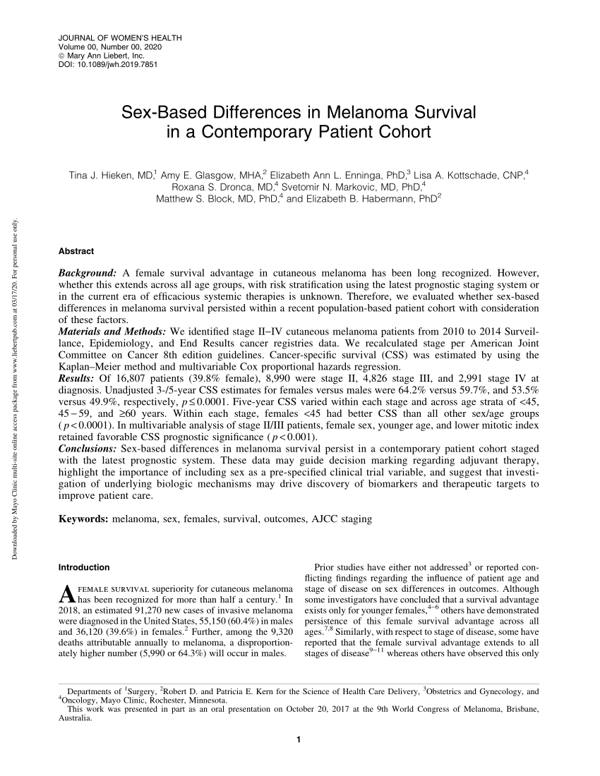 Pdf Sex Based Differences In Melanoma Survival In A Contemporary