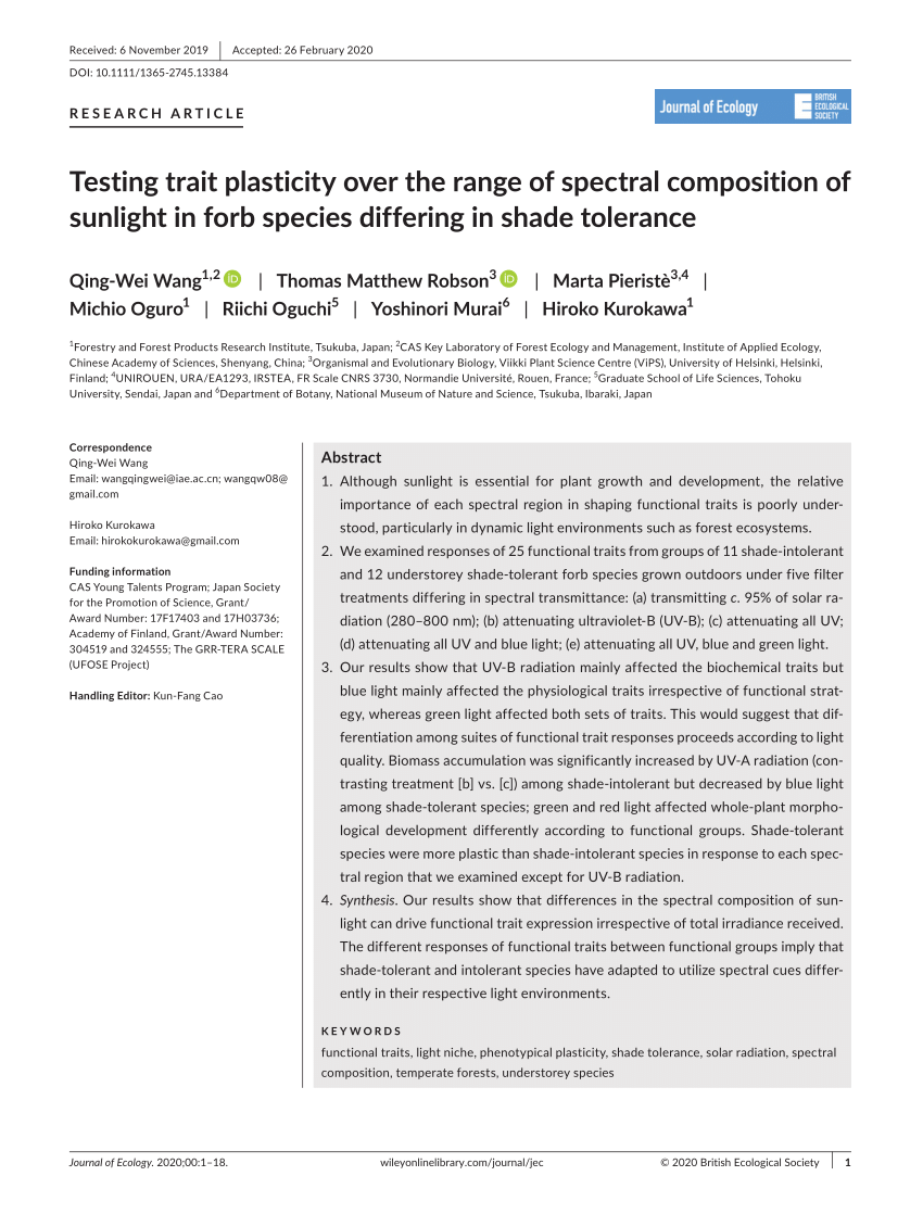 Pdf Testing Trait Plasticity Over The Range Of Spectral Composition Of Sunlight In Forb Species Differing In Shade Tolerance