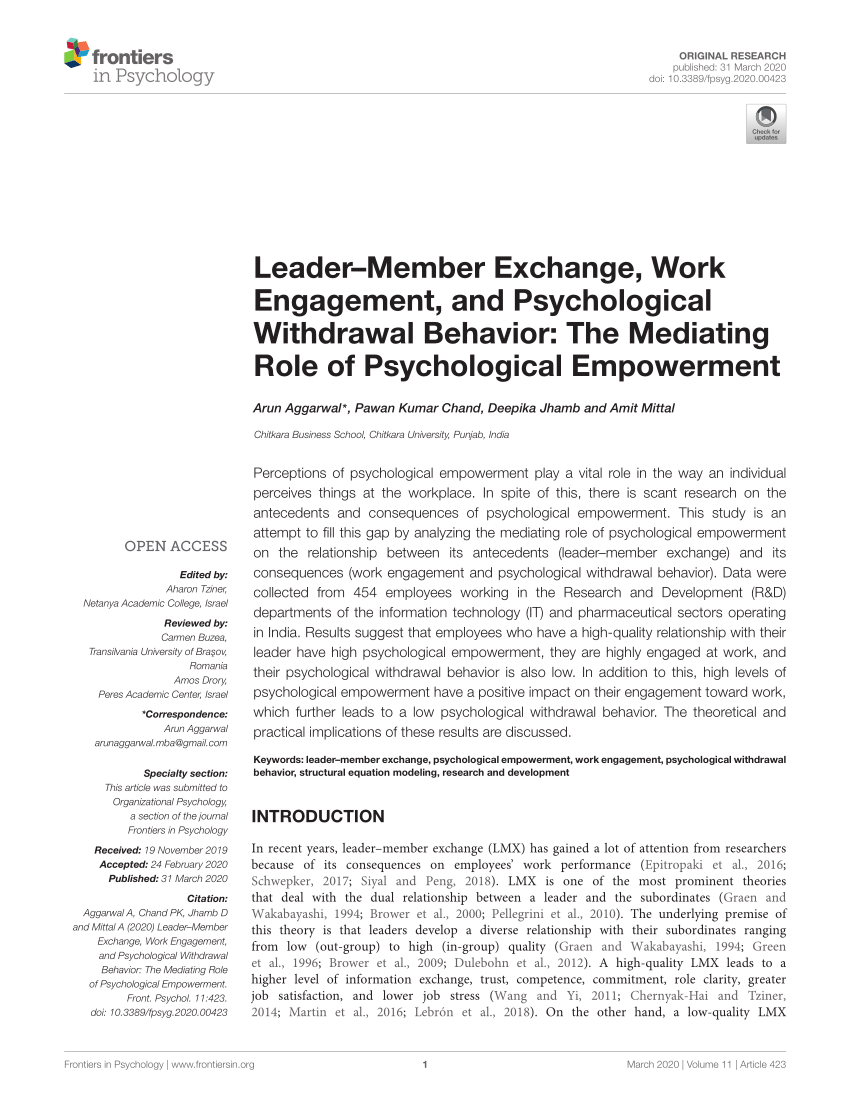 Pdf Leader Member Exchange Work Engagement And Psychological Withdrawal Behavior The Mediating Role Of Psychological Empowerment