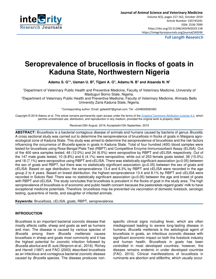 Pdf Seroprevalence Of Brucellosis In Flocks Of Goats In Kaduna State Northwestern Nigeria