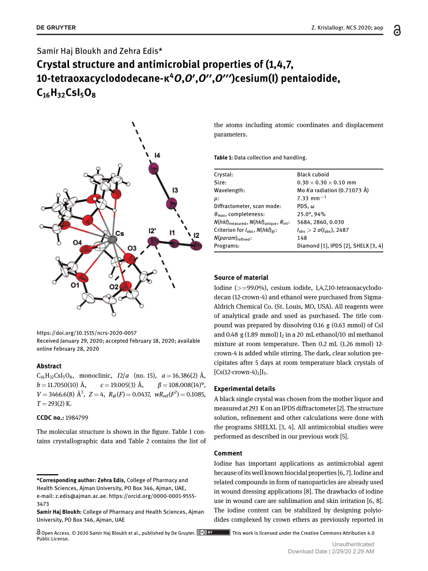 Pdf Crystal Structure And Antimicrobial Properties Of 1 4 7 10 Tetraoxacyclododecane K4o O O O Cesium I Pentaiodide C16h32csi5o8
