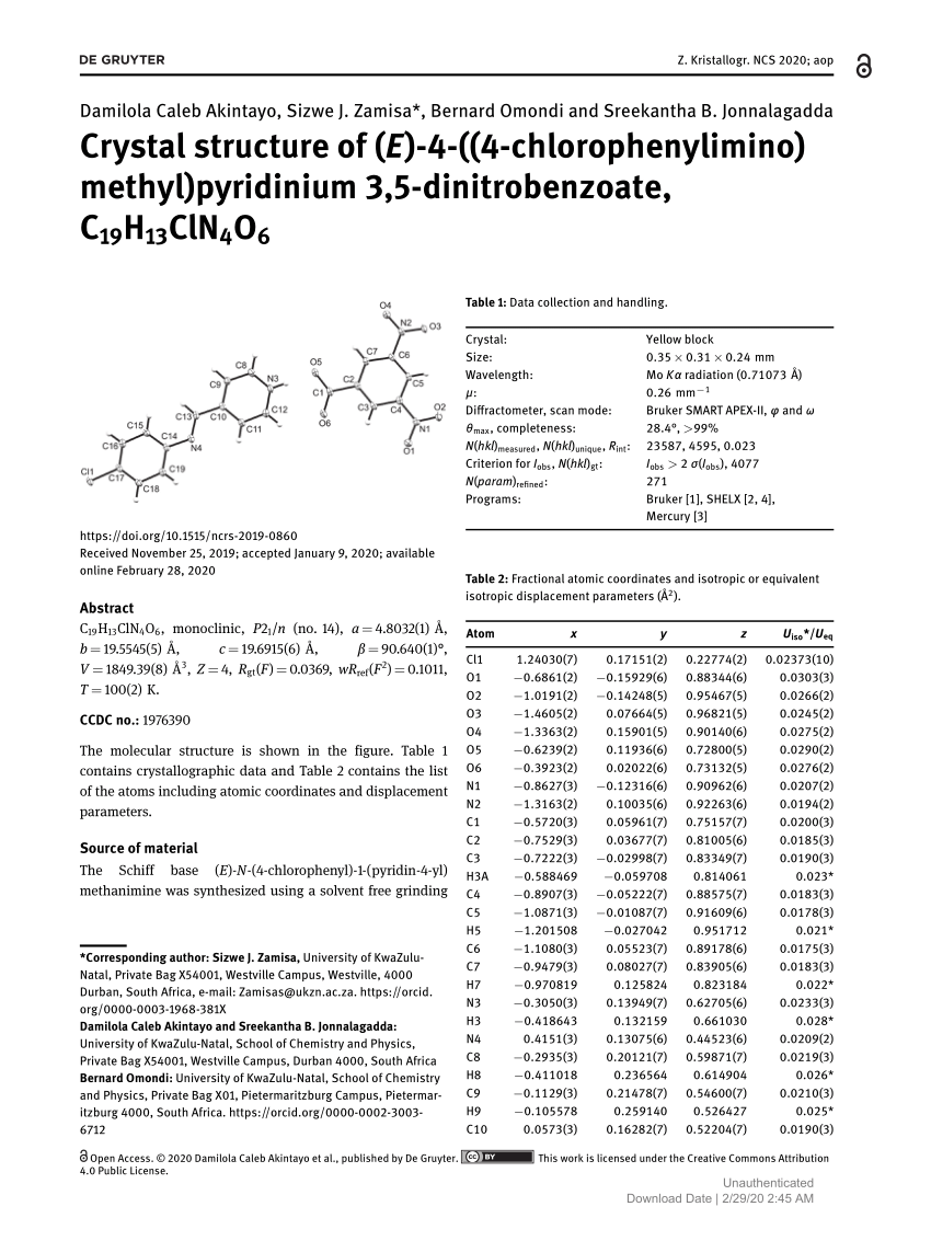 Pdf Crystal Structure Of E 4 4 Chlorophenylimino Methyl Pyridinium 3 5 Dinitrobenzoate C19h13cln4o6
