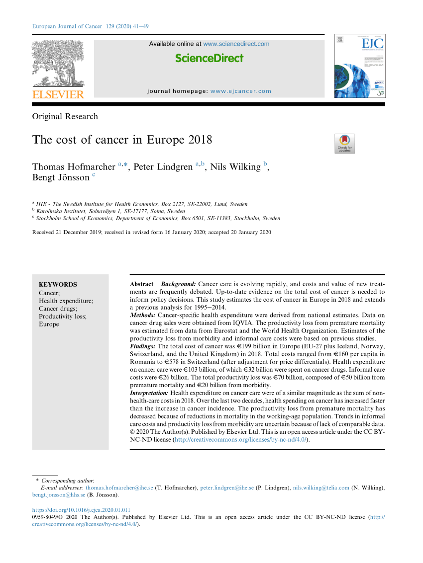 Pdf The Cost Of Cancer In Europe 2018