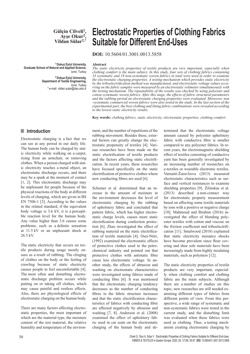 (PDF) Electrostatic Properties of Clothing Fabrics Suitable for