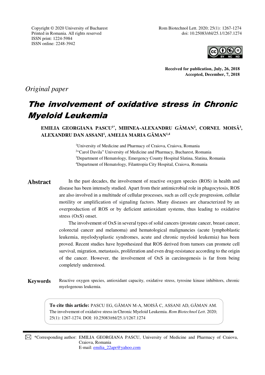 Pdf The Involvement Of Oxidative Stress In Chronic Myeloid Leukemia