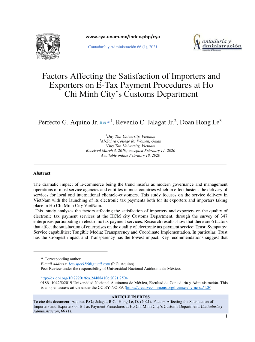 Pdf Factors Affecting The Satisfaction Of Importers And Exporters On E Tax Payment Procedures At Ho Chi Minh City S Customs Department