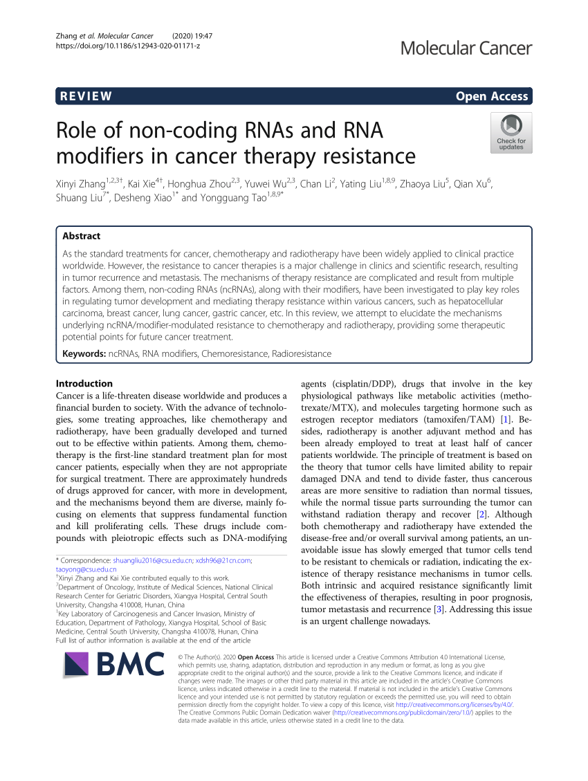 PDF) Role of non-coding RNAs and RNA modifiers in cancer therapy 