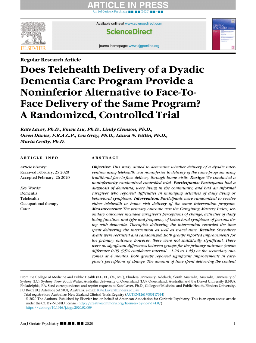 PDF) Does Telehealth Delivery of a Dyadic Dementia Care Program Provide a  Noninferior Alternative to Face-To-Face Delivery of the Same Program? A  Randomized, Controlled Trial