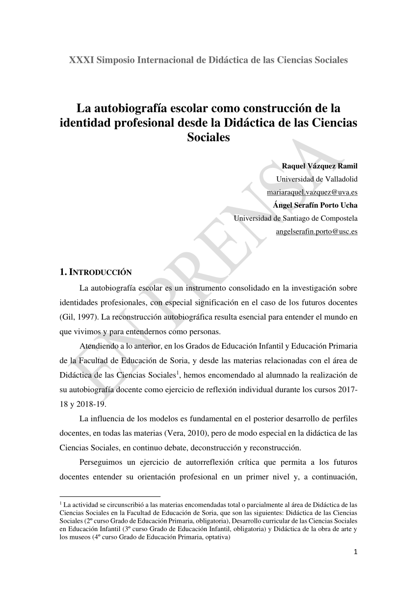PDF) La autobiografía escolar como construcción de la identidad profesional  desde la Didáctica de las Ciencias Sociales