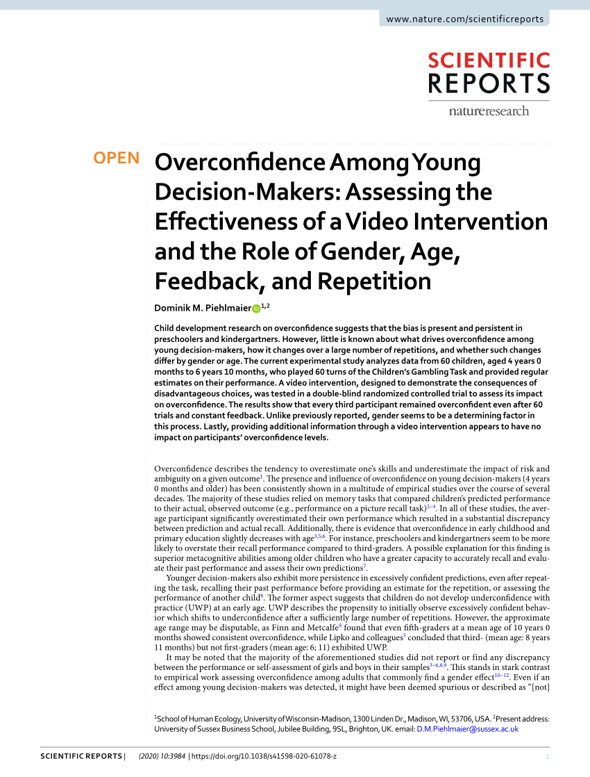 850px x 1118px - PDF) Overconfidence Among Young Decision-Makers: Assessing the  Effectiveness of a Video Intervention and the Role of Gender, Age,  Feedback, and Repetition