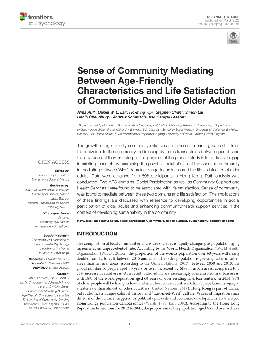 Pdf Sense Of Community Mediating Between Age Friendly Characteristics And Life Satisfaction Of Community Dwelling Older Adults