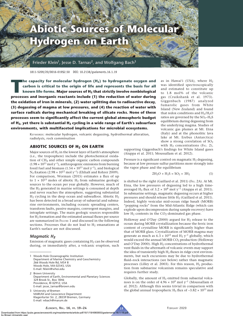 PDF) Abiotic Sources of Molecular Hydrogen on Earth