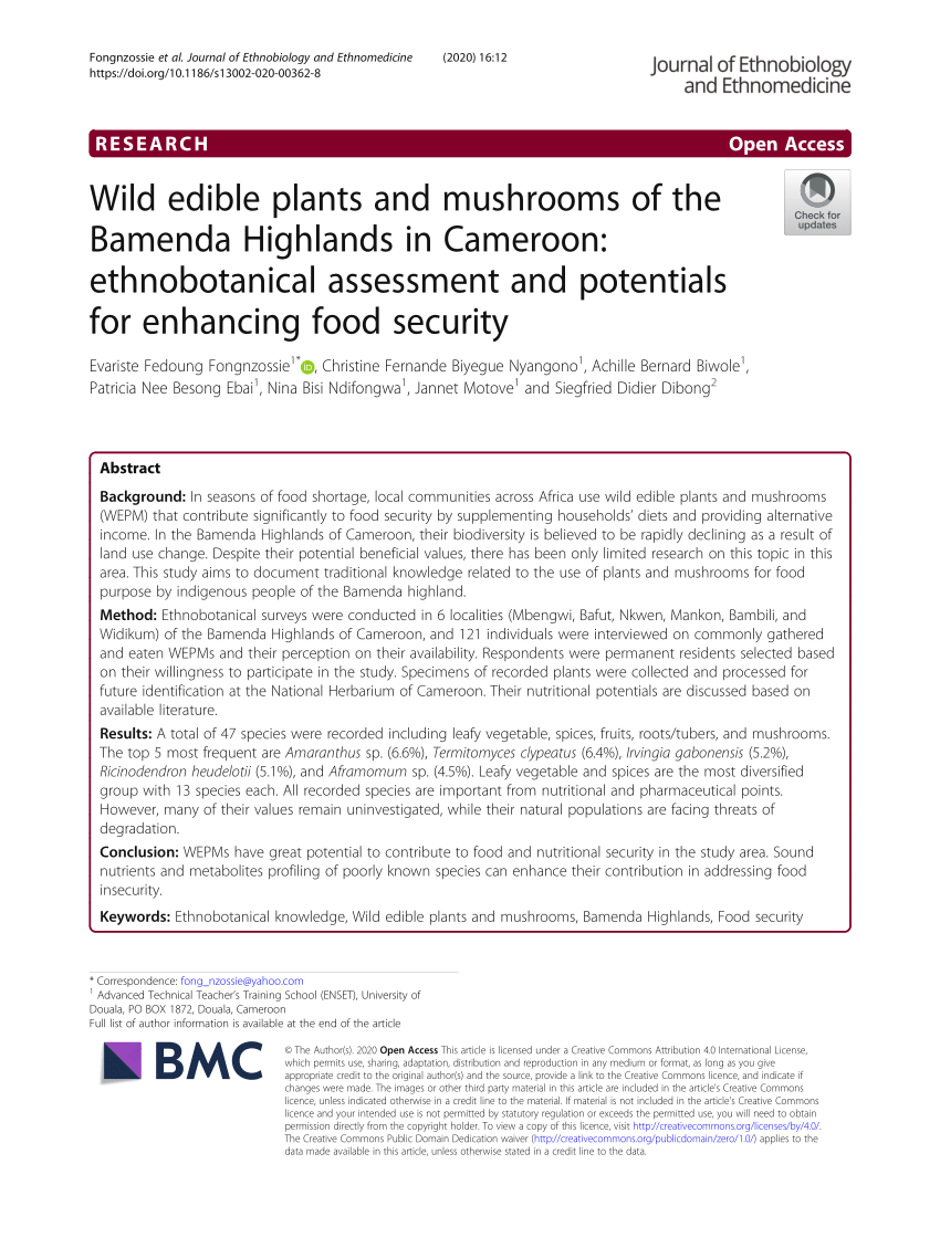 PDF) Wild edible plants and mushrooms of the Bamenda Highlands in Cameroon:  ethnobotanical assessment and potentials for enhancing food security